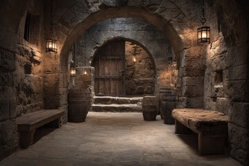 Fototapeta premium Medieval castle cellar with lanterns