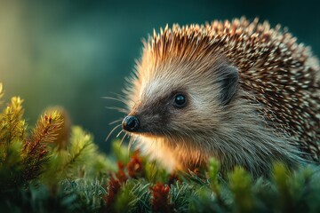 Fototapeta premium Small hedgehog exploring a vibrant forest floor