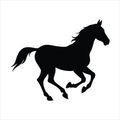 Black silhouette of a horse running on a white background