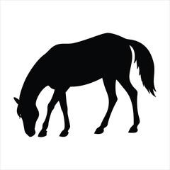 Black silhouette of a horse grazing on a white background