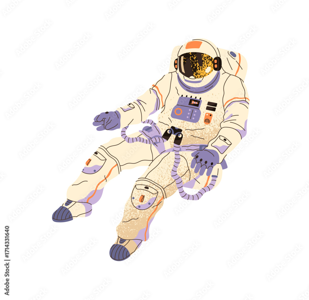 Poster astronaut in spacesuit, helmet flies in outer space. spaceman is flying in zero gravity. cosmonaut i