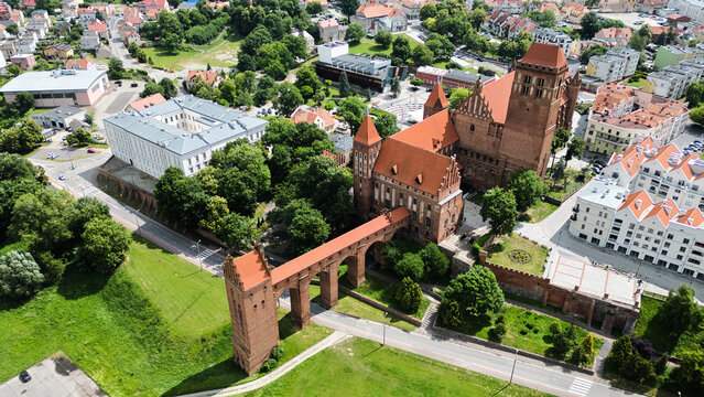 Aerial View of Kwidzyn Castle and Gothic Cathedral in Poland, Scenic Drone Panorama of Historic Landmark