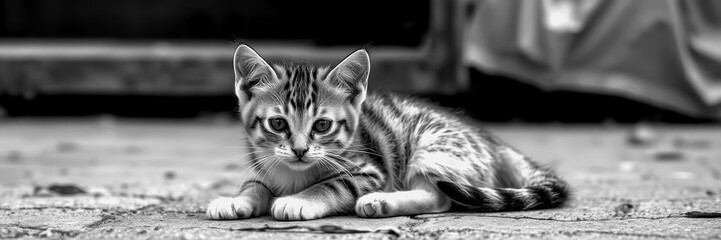 Cute striped kitten resting on a cobblestone street
