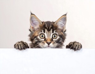 Cute Kitten Peeking Through White Background.