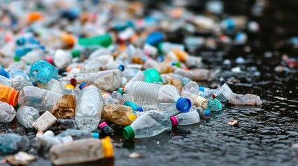 Littered Plastic Bottles on Polluted Water Surface