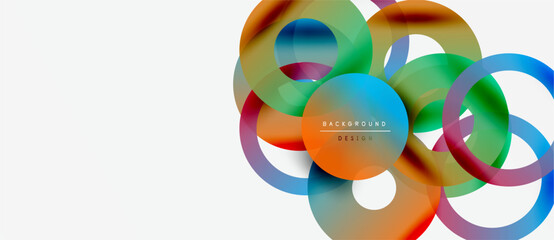 Abstract colorful circles overlap, creating dynamic visual effect. White space dominates composition, modern design element.