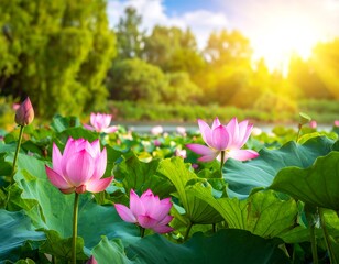Obraz premium Beautiful pink lotus flowers in a sunny park setting