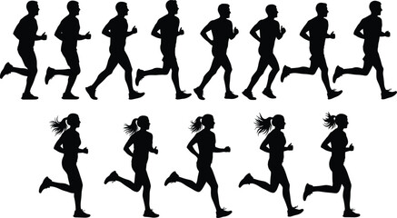Silhouette of Runners in Motion, Male and Female Jogging, Running Workout Exercise, Fitness Lifestyle, Sport Activity, Health Concep