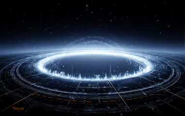 Futuristic digital circular interface with glowing elements and data patterns
