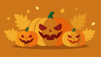 Halloween Pumpkins Surrounded by Dry Leaves Background