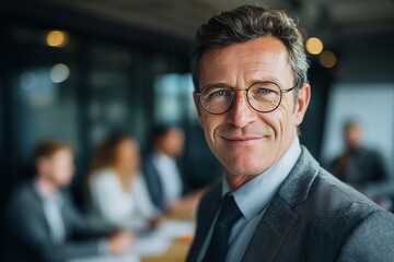Fototapeta premium Confident senior man in grey suit and glasses standing in modern office, smiling at camera, symbol of leadership, professionalism and corporate success for business visuals.