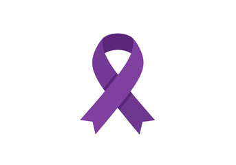 A purple ribbon is centered on a white background