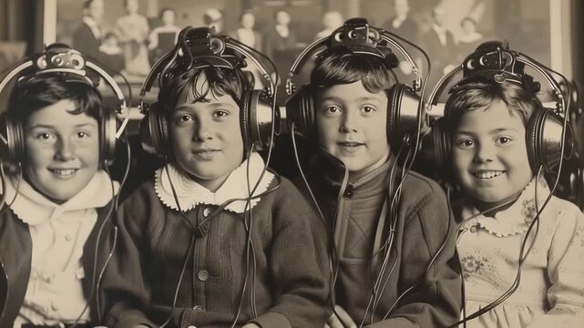 Old Victorian Family Portrait with Everyone Wearing Headphones.