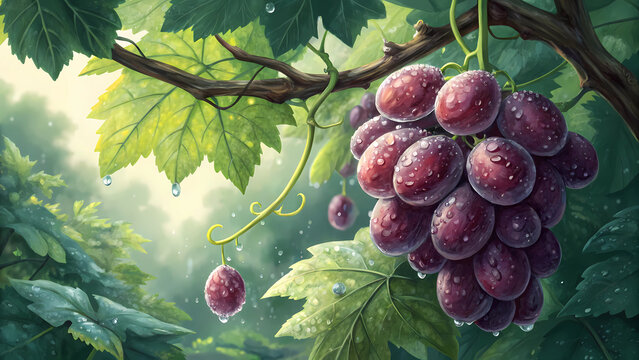 Beautiful fresh red grapes on the vine with water droplets, a healthy fruit and delicious snack option - Powered by Adobe