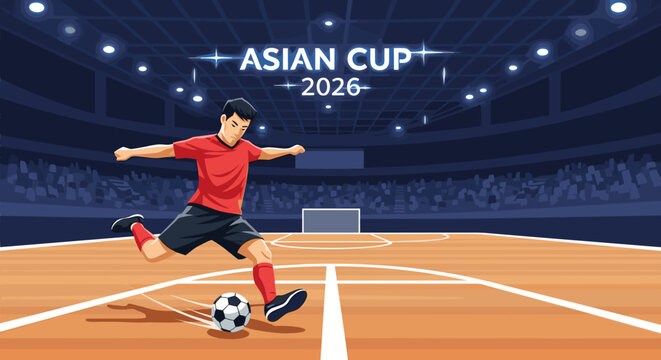 A dynamic male soccer player is captured in mid-kick, striking a ball on an indoor court within a brightly lit, modern stadium, ready for an exciting Asian championship.
