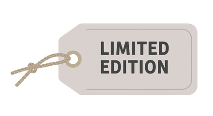 A clean, modern vector illustration of a beige limited edition product tag with dark gray text and a natural rope knot, isolated on a white background.
