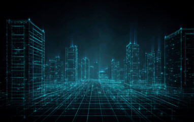 Digital Cityscape with Grid Lines Representing Smart Technology