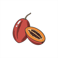 Illustration of a whole tamarillo fruit and a halved tamarillo fruit