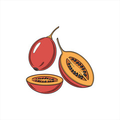 Illustration of whole and halved tamarillo fruits with seeds