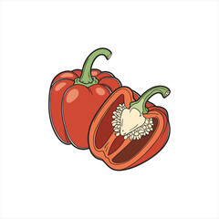 Red bell pepper cut in half showing seeds and stem on white background