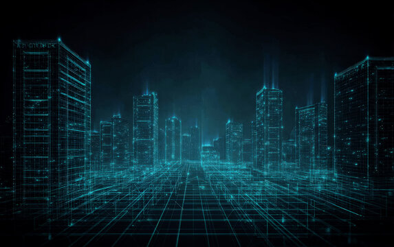 Digital Cityscape with Grid Lines Representing Smart Technology