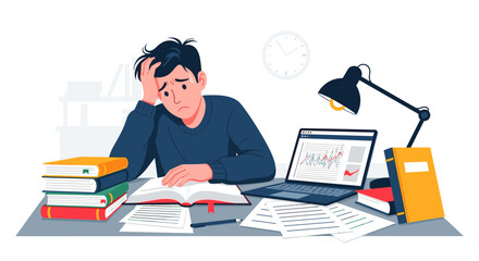 A young man feels completely overwhelmed and exhausted while intensely studying at his cluttered desk, struggling with academic pressure and burnout.