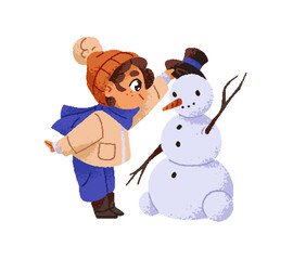 Happy kid makes, builds cute snowman. Little girl is shaping sculpture from snow in winter. Child in outerwear plays, has fun in Christmas holiday. Flat isolated drawing vector illustration on white
