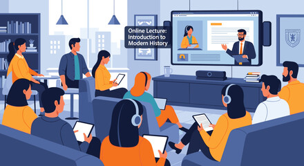 A diverse group of students engages in a collaborative online learning session, watching a virtual lecture on a large screen in a modern setting.