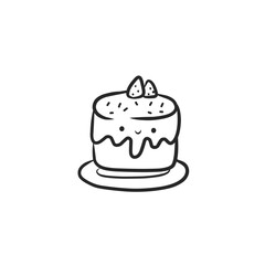 Strawberry-topped cake outline vector illustration black white line art