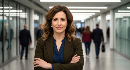 Confident businesswoman in a modern office hallway