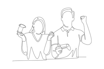 Couple playing competitive games on PS console. Couple co op game concept one-line drawing