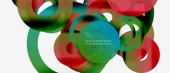 Abstract colorful shapes overlap creating dynamic visual effect. Modern design elements suggest fluidity, energy, innovation.