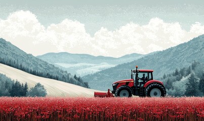 A red tractor plowing a field of red flowers amidst a mountain landscape