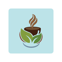 A stylized logo featuring a steaming coffee cup nestled among green leaves, symbolizing organic or natural beverages, set against a light blue background