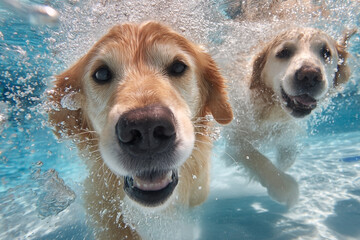 Underwater golden retriever duo enjoys a refreshing swim in clear blue pool