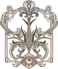 Art Deco, Art Nouveau. Composition of symmetrical botanical elements with a border, in a vintage feel, for branding, advertising, and wedding design. Digital illustration.