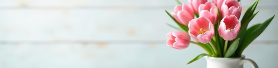 Fototapeta premium Pastel pink tulips in vase, white wood table, Easter , holiday, event, rustic