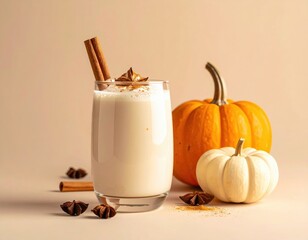 Delicious creamy beverage is presented in a tall glass with cinnamon sticks and star anise next to fresh mini pumpkins for a festive fall display.