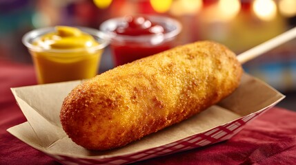 Classic American corn dog with ketchup and mustard in a carnival style.