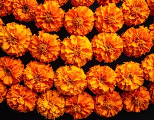 Vibrant collection of bright orange flowers with ruffled petals is beautifully arranged in orderly rows creating a stunning natural pattern on a dark backdrop.