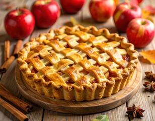 Freshly baked golden apple pie with a beautiful lattice crust sits on a rustic wooden board, accompanied by crisp red apples and fragrant cinnamon for autumn.