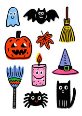 A set of hand-drawn style Halloween stickers, including a pumpkin, bat, broom, ghost, candle, and cat on a transparent background.