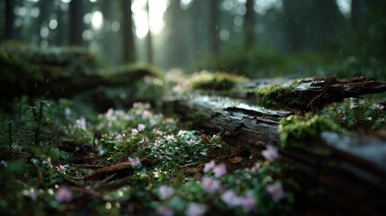 A serene forest scene showcasing a sunlit forest floor covered with wildflowers, moss, and fallen logs, capturing the essence of nature.