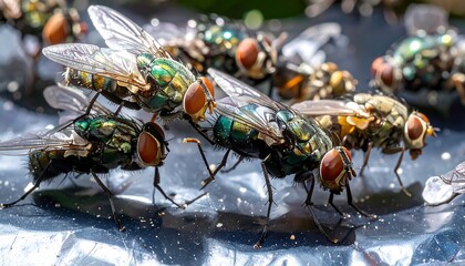 Close-up of many flies mating