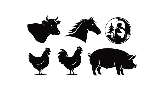 Set of stylized farm animals including a cow, horse, chicken, rooster, and pig, rendered in silhouette