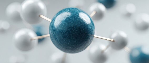 Abstract image of interconnected spheres, teal and off-white, appearing to represent molecules or atoms