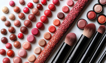 Assorted makeup products, various shades of blush and lipstick