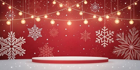 Festive Christmas stage with podium and winter decorations.