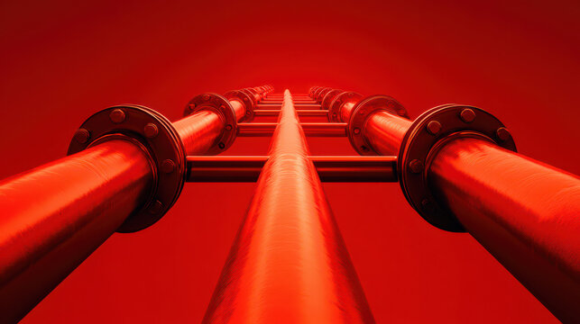 Red Industrial Pipes: A striking visual showcasing parallel industrial pipes, bathed in a crimson glow, offering a compelling perspective of strength and industry.