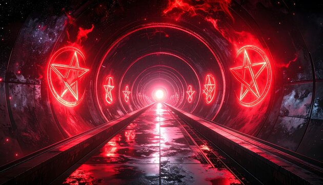 Cosmic tunnel with glowing red symbols